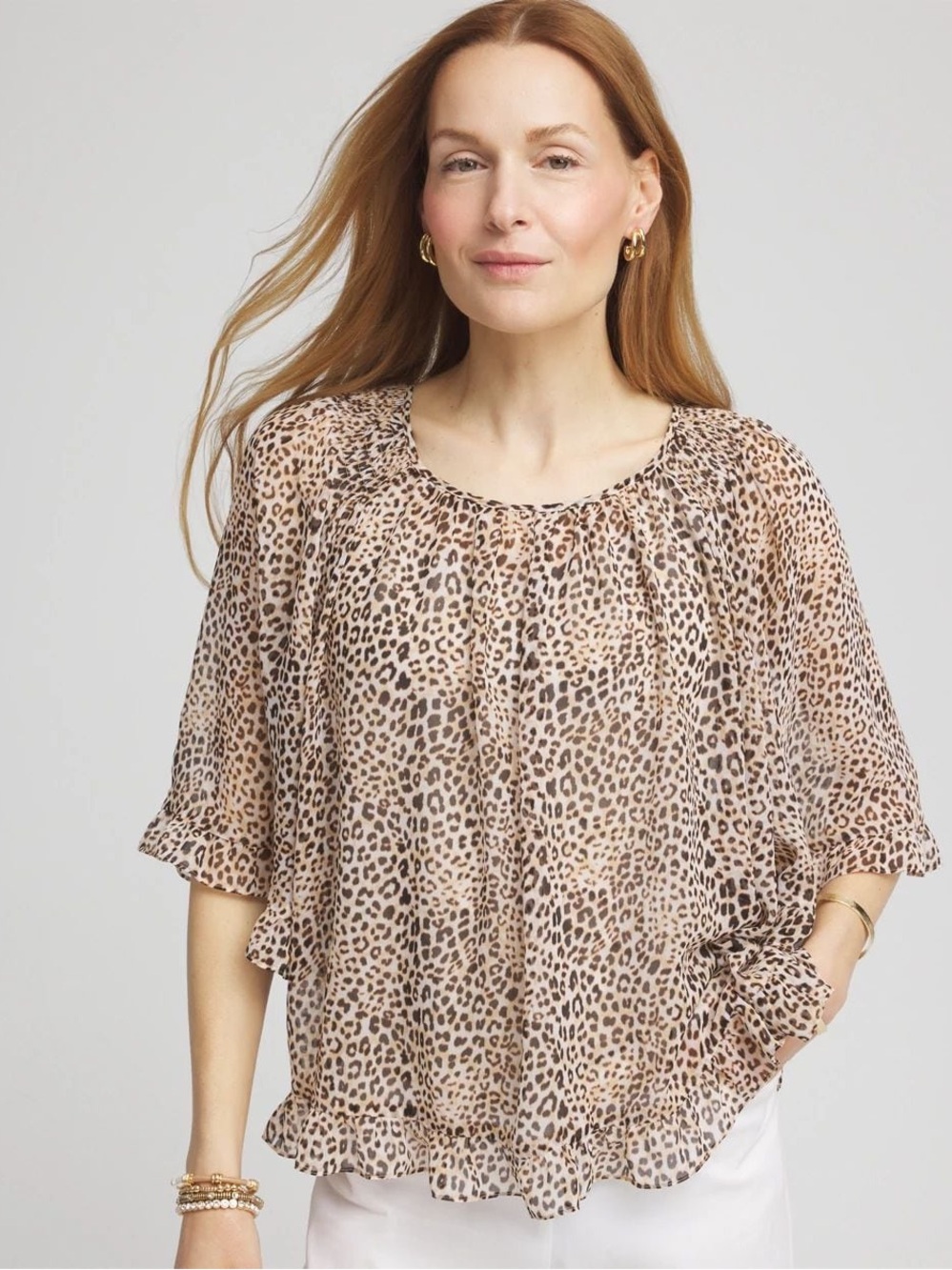 Chico's Leopard Print Ruffle Sleeve Blouse Size M Boho Chic Animal Print Top - Picture 3 of 10